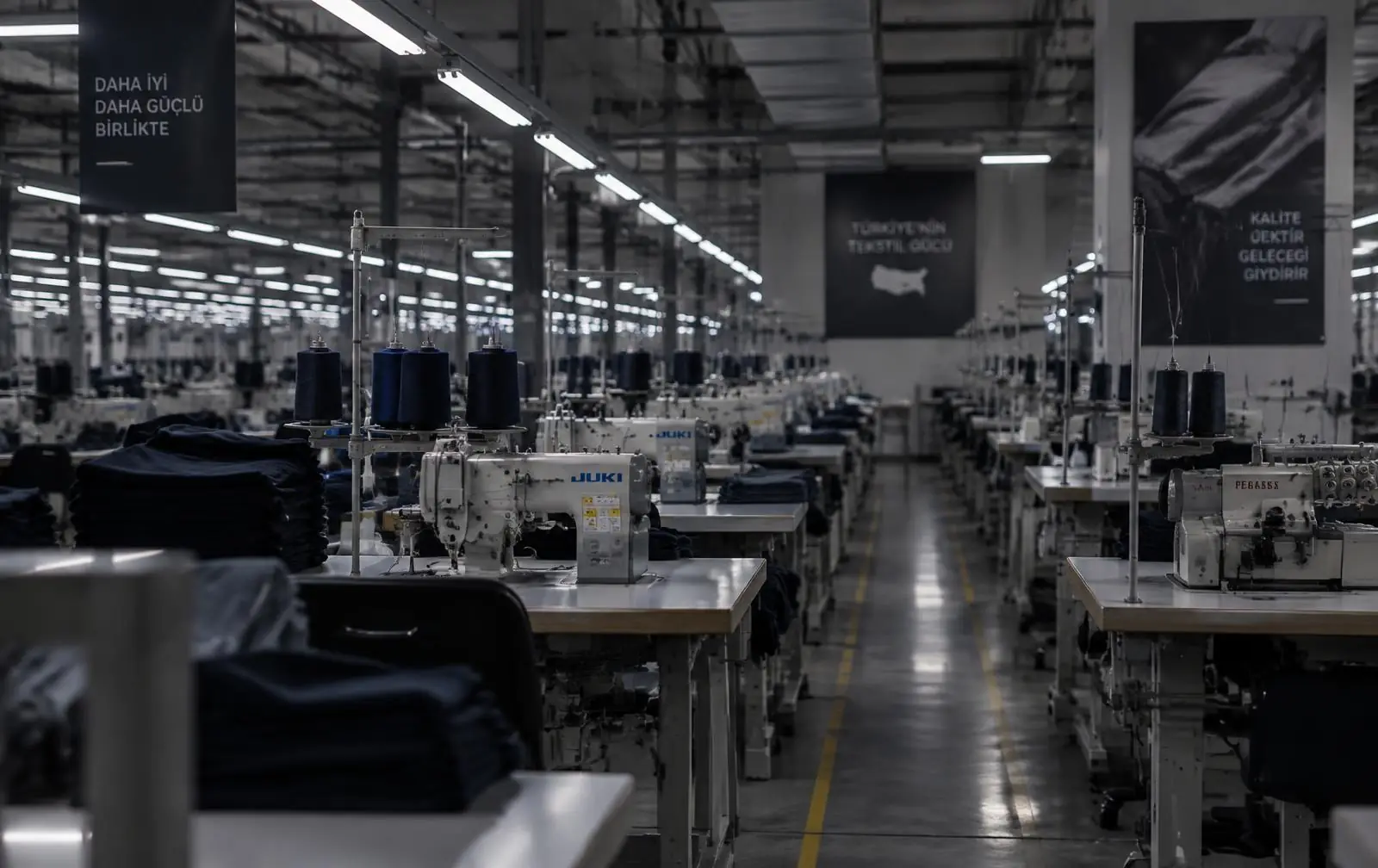Konfeksiyon fabrikasında sanayi tipi dikiş makineleri hattı